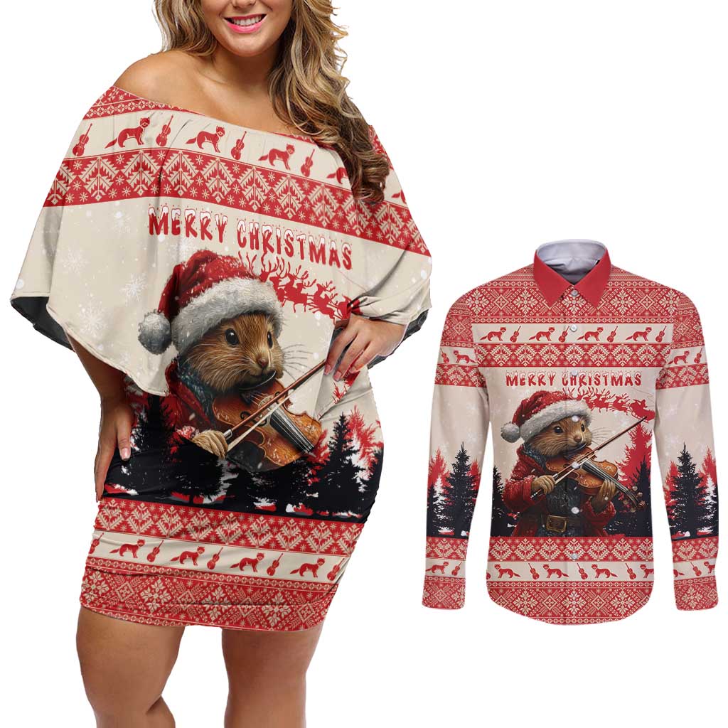 Croatia Christmas Couples Matching Off Shoulder Short Dress and Long Sleeve Button Shirt Pine Marten Playing Violin - Red Color - Wonder Print Shop