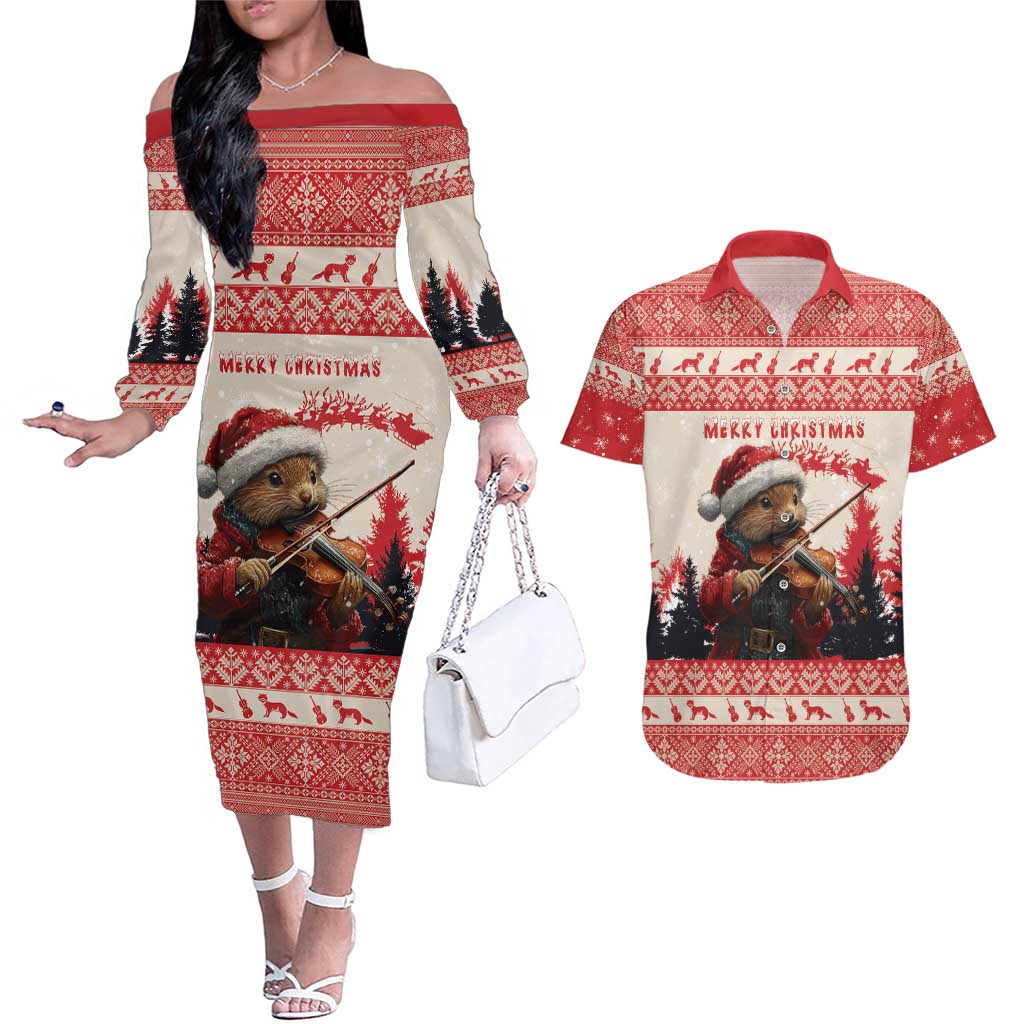 Croatia Christmas Couples Matching Off The Shoulder Long Sleeve Dress and Hawaiian Shirt Pine Marten Playing Violin - Red Color - Wonder Print Shop
