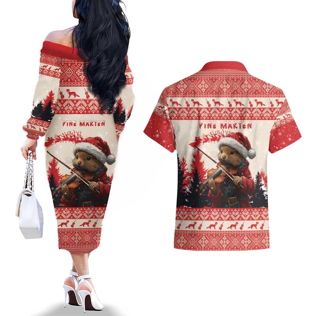 Croatia Christmas Couples Matching Off The Shoulder Long Sleeve Dress and Hawaiian Shirt Pine Marten Playing Violin - Red Color - Wonder Print Shop