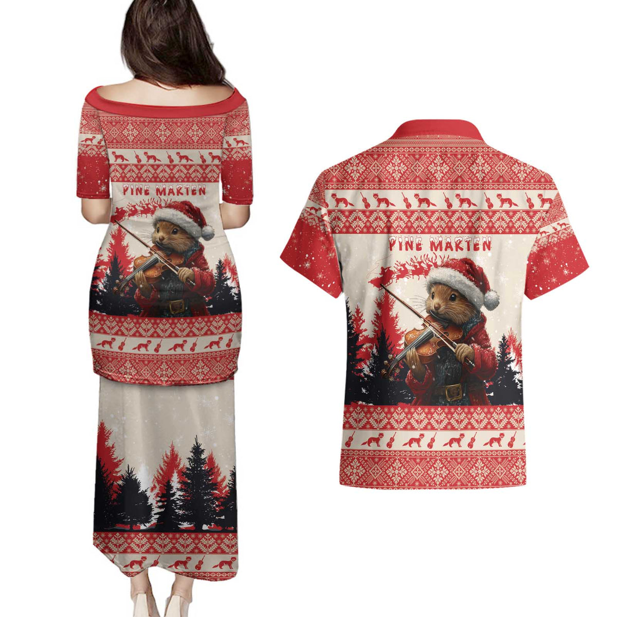 Croatia Christmas Couples Matching Puletasi and Hawaiian Shirt Pine Marten Playing Violin - Red Color - Wonder Print Shop