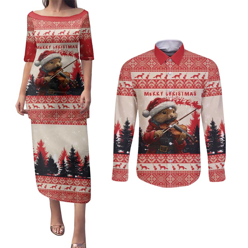 Croatia Christmas Couples Matching Puletasi and Long Sleeve Button Shirt Pine Marten Playing Violin - Red Color - Wonder Print Shop