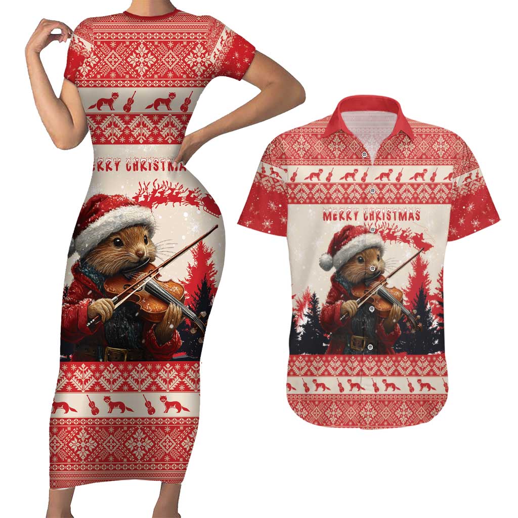 Croatia Christmas Couples Matching Short Sleeve Bodycon Dress and Hawaiian Shirt Pine Marten Playing Violin - Red Color - Wonder Print Shop