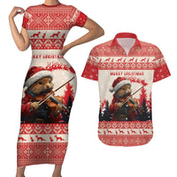 Croatia Christmas Couples Matching Short Sleeve Bodycon Dress and Hawaiian Shirt Pine Marten Playing Violin - Red Color - Wonder Print Shop