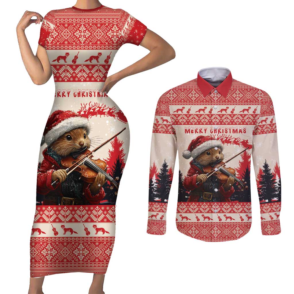 Croatia Christmas Couples Matching Short Sleeve Bodycon Dress and Long Sleeve Button Shirt Pine Marten Playing Violin - Red Color - Wonder Print Shop
