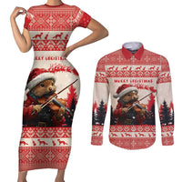 Croatia Christmas Couples Matching Short Sleeve Bodycon Dress and Long Sleeve Button Shirt Pine Marten Playing Violin - Red Color - Wonder Print Shop