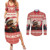 Croatia Christmas Couples Matching Summer Maxi Dress and Long Sleeve Button Shirt Pine Marten Playing Violin - Red Color - Wonder Print Shop