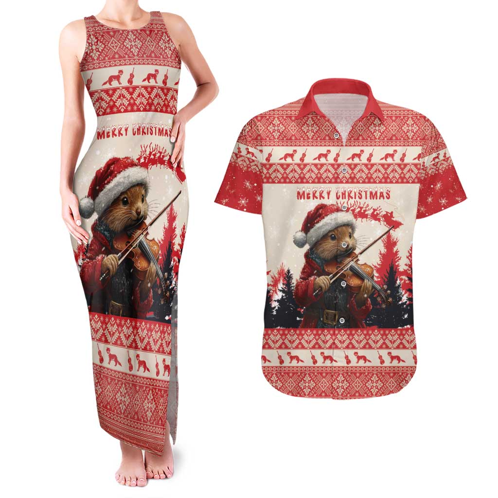 Croatia Christmas Couples Matching Tank Maxi Dress and Hawaiian Shirt Pine Marten Playing Violin - Red Color - Wonder Print Shop