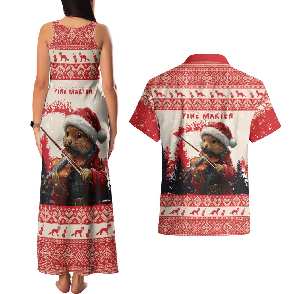 Croatia Christmas Couples Matching Tank Maxi Dress and Hawaiian Shirt Pine Marten Playing Violin - Red Color - Wonder Print Shop