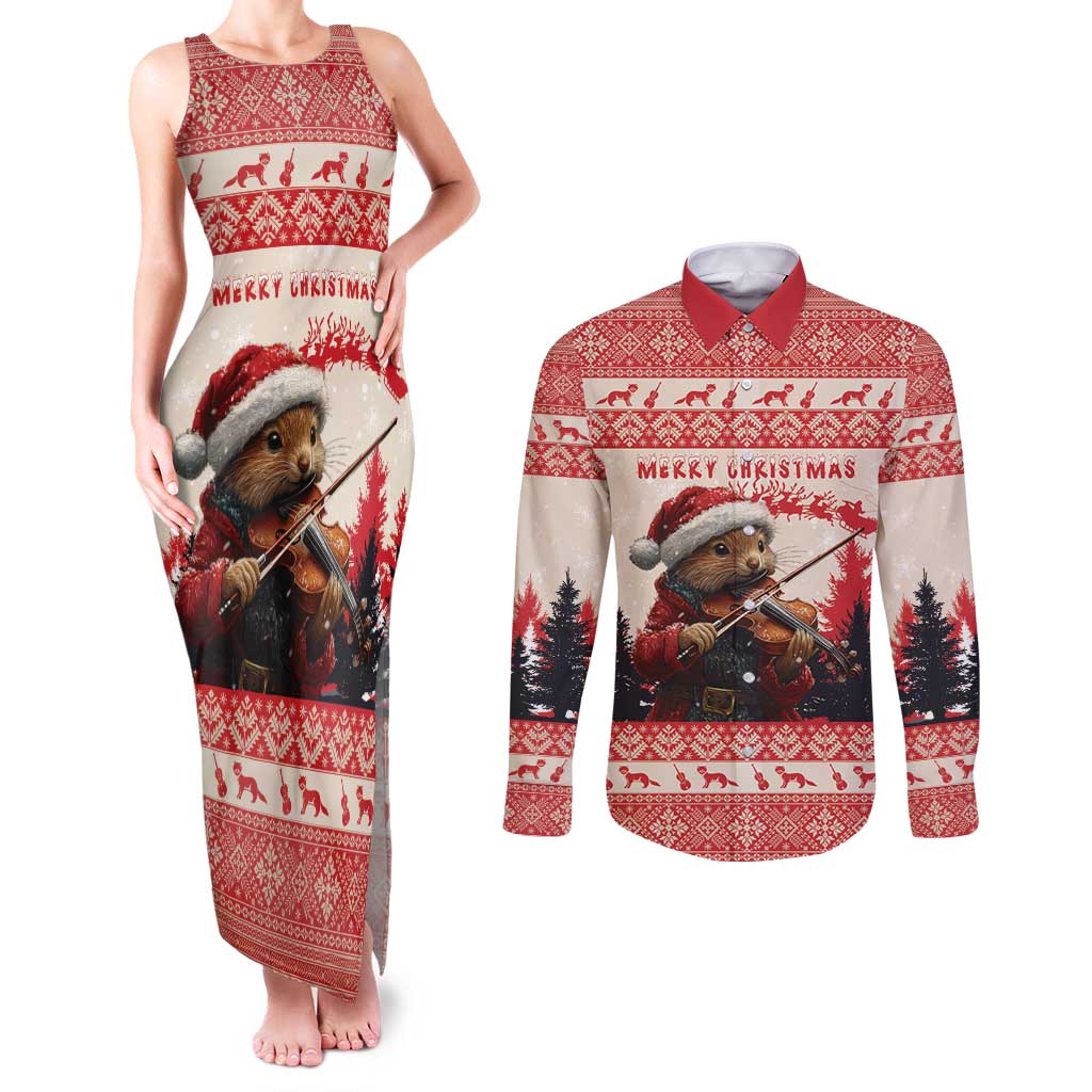 Croatia Christmas Couples Matching Tank Maxi Dress and Long Sleeve Button Shirt Pine Marten Playing Violin - Red Color - Wonder Print Shop