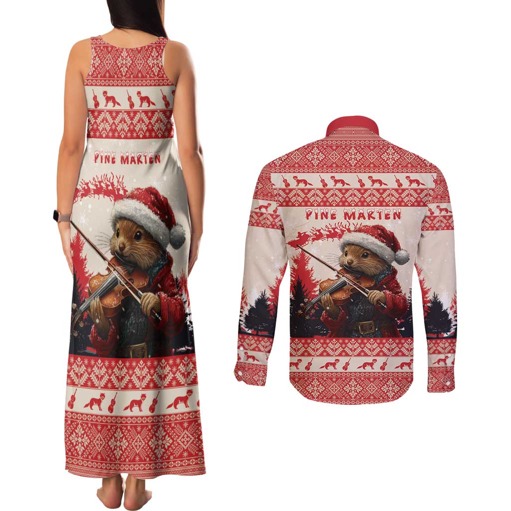 Croatia Christmas Couples Matching Tank Maxi Dress and Long Sleeve Button Shirt Pine Marten Playing Violin - Red Color - Wonder Print Shop