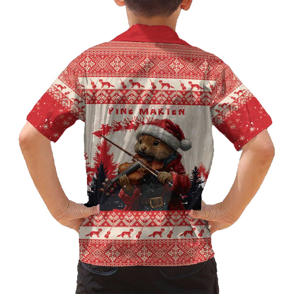 Croatia Christmas Family Matching Long Sleeve Bodycon Dress and Hawaiian Shirt Pine Marten Playing Violin - Red Color - Wonder Print Shop