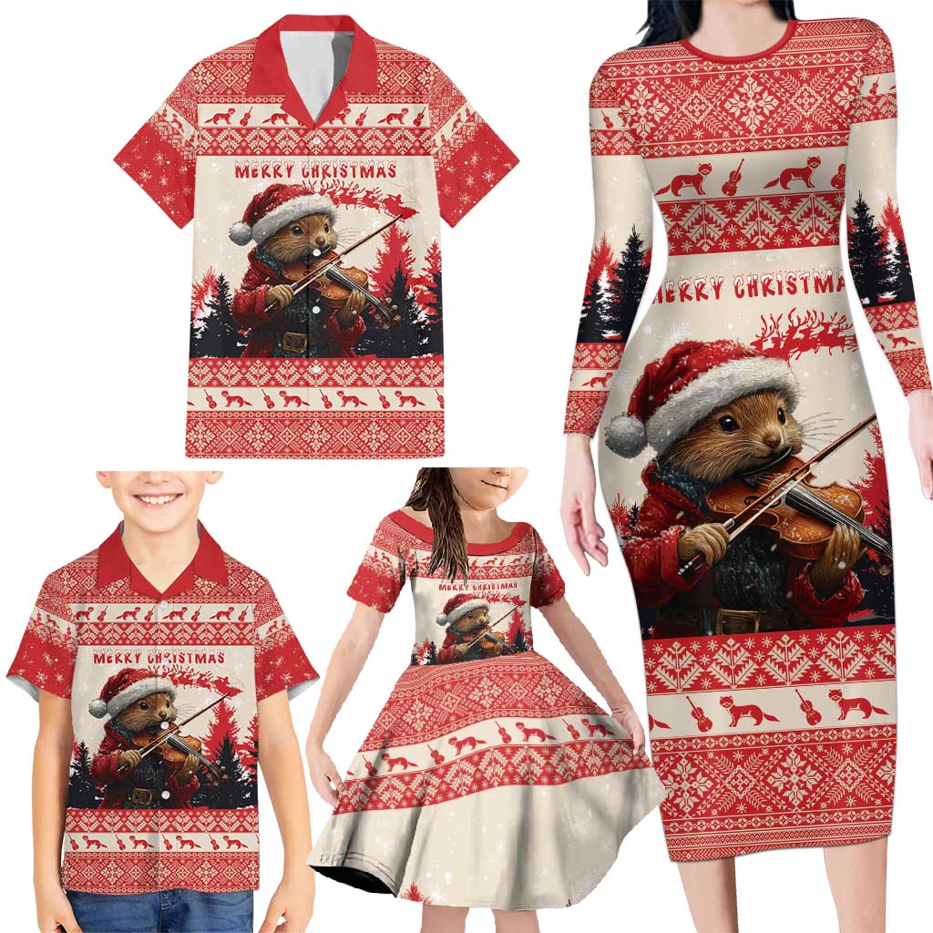 Croatia Christmas Family Matching Long Sleeve Bodycon Dress and Hawaiian Shirt Pine Marten Playing Violin - Red Color - Wonder Print Shop