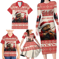 Croatia Christmas Family Matching Long Sleeve Bodycon Dress and Hawaiian Shirt Pine Marten Playing Violin - Red Color - Wonder Print Shop