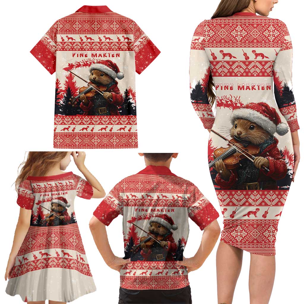 Croatia Christmas Family Matching Long Sleeve Bodycon Dress and Hawaiian Shirt Pine Marten Playing Violin - Red Color - Wonder Print Shop