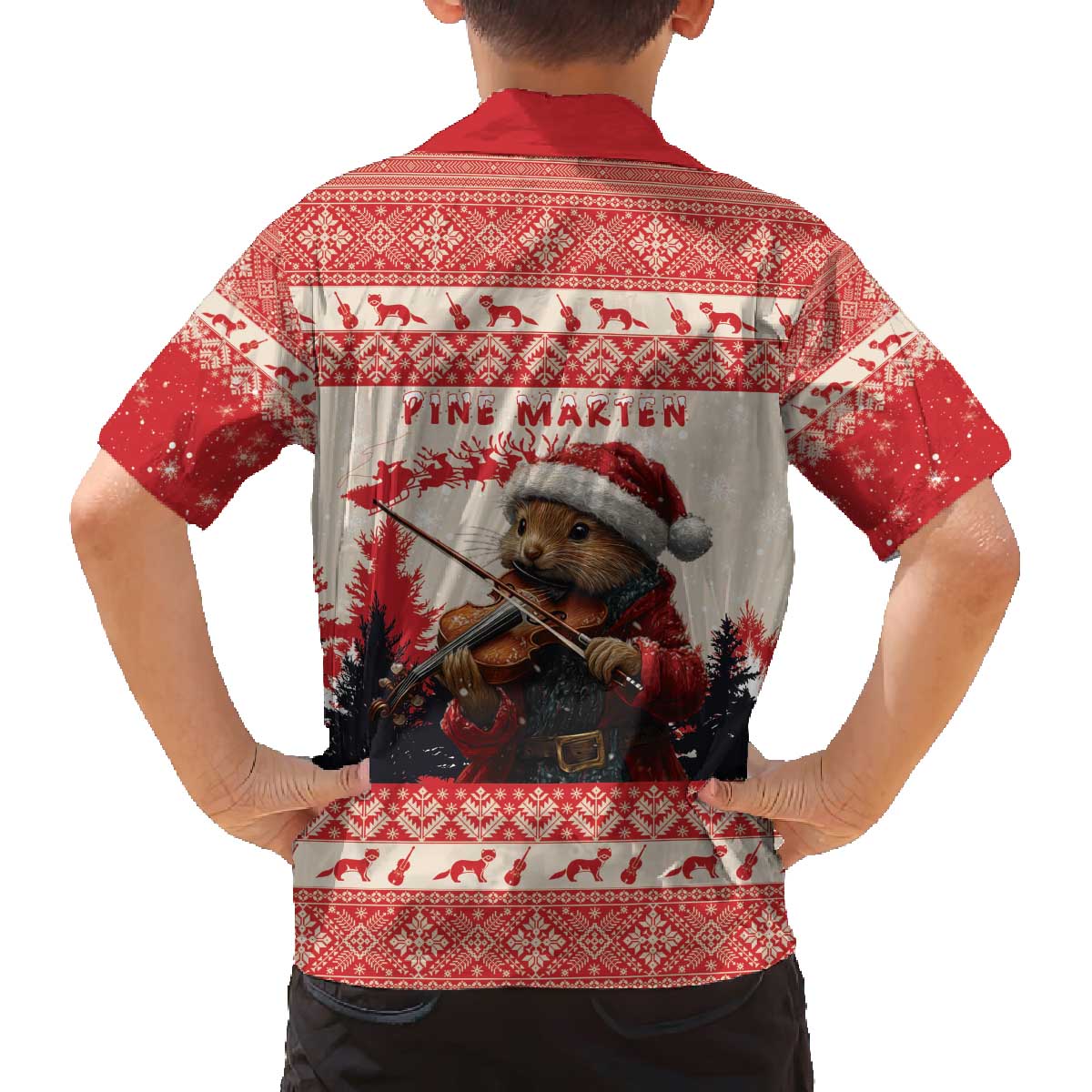 Croatia Christmas Family Matching Off The Shoulder Long Sleeve Dress and Hawaiian Shirt Pine Marten Playing Violin - Red Color - Wonder Print Shop