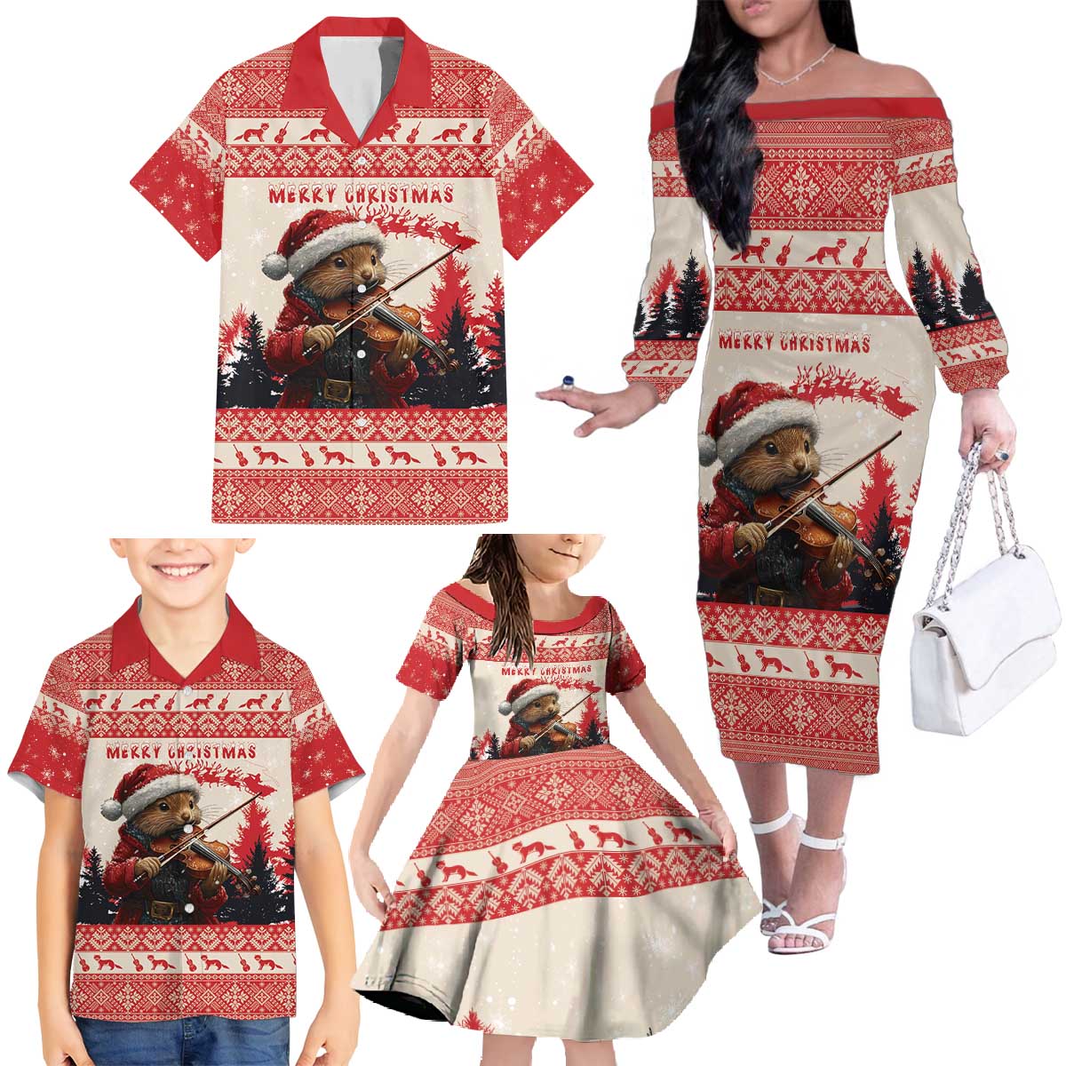 Croatia Christmas Family Matching Off The Shoulder Long Sleeve Dress and Hawaiian Shirt Pine Marten Playing Violin - Red Color - Wonder Print Shop