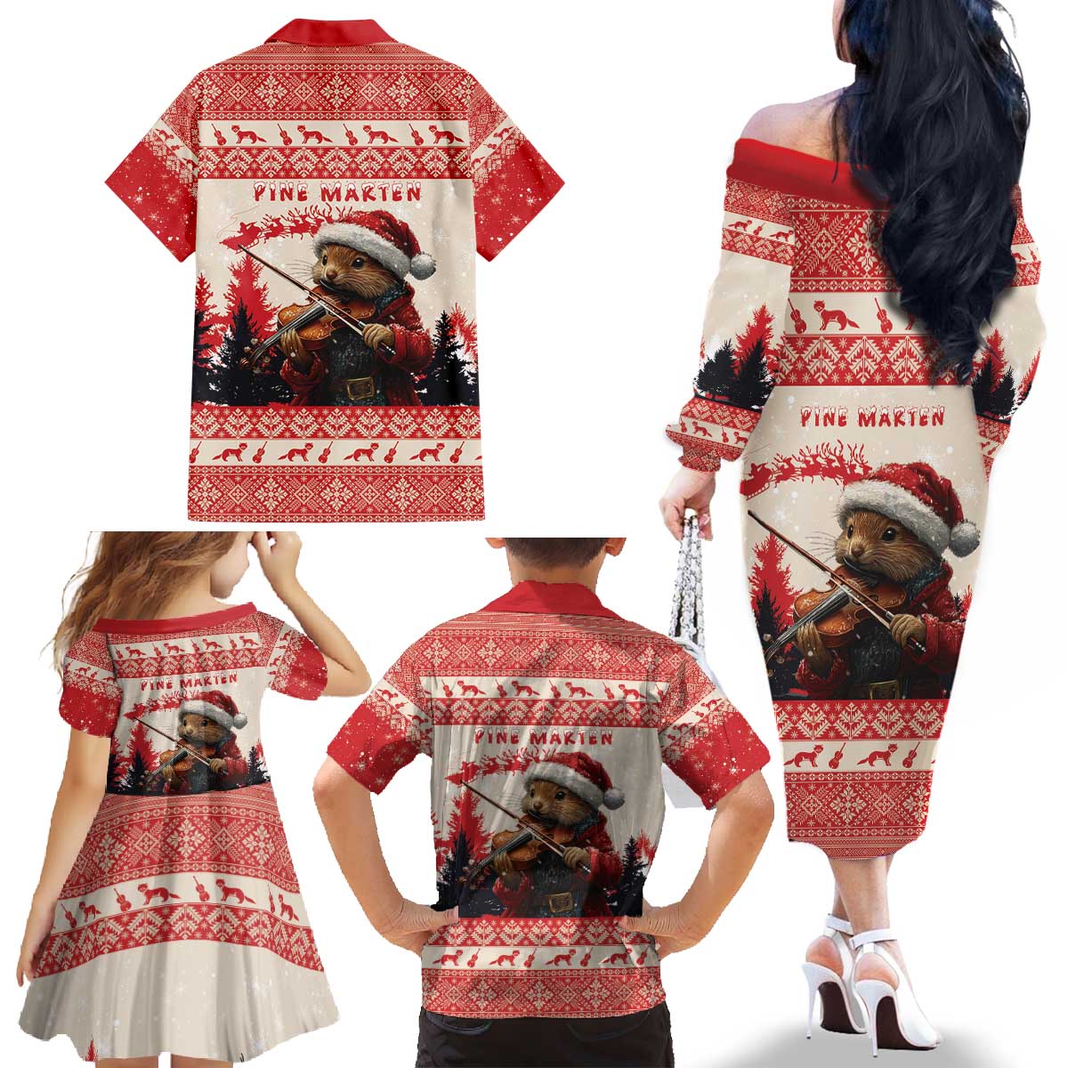 Croatia Christmas Family Matching Off The Shoulder Long Sleeve Dress and Hawaiian Shirt Pine Marten Playing Violin - Red Color - Wonder Print Shop