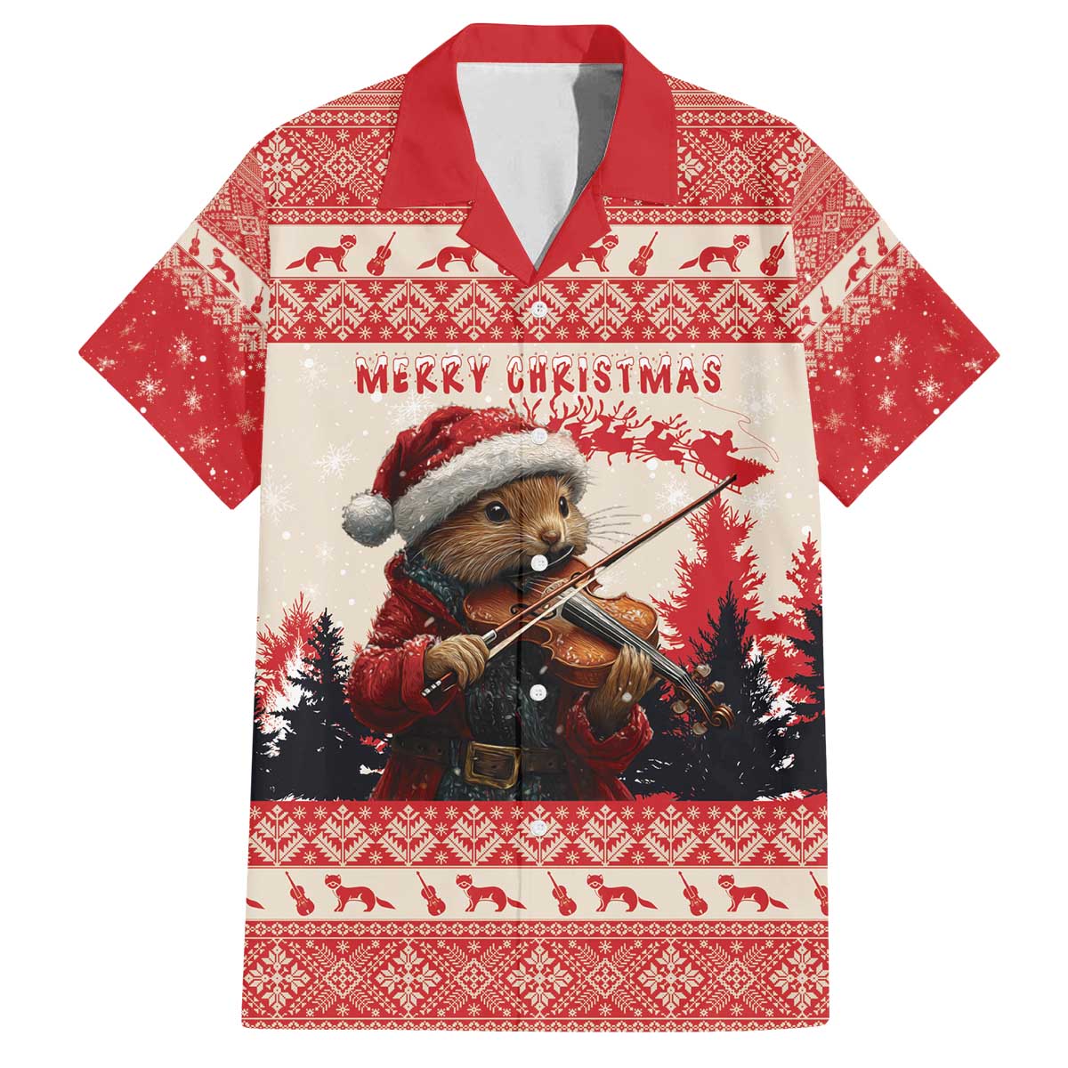Croatia Christmas Family Matching Off The Shoulder Long Sleeve Dress and Hawaiian Shirt Pine Marten Playing Violin - Red Color - Wonder Print Shop