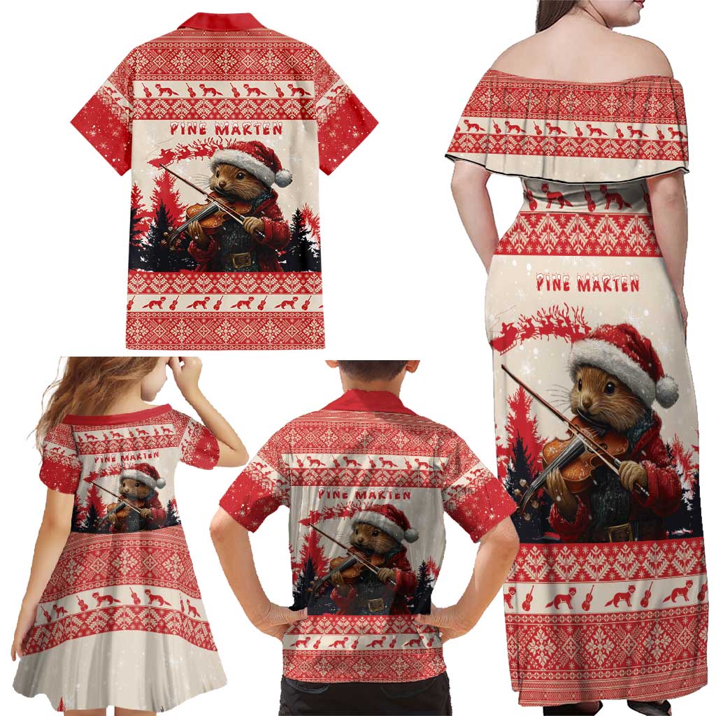 Croatia Christmas Family Matching Off Shoulder Maxi Dress and Hawaiian Shirt Pine Marten Playing Violin - Red Color - Wonder Print Shop