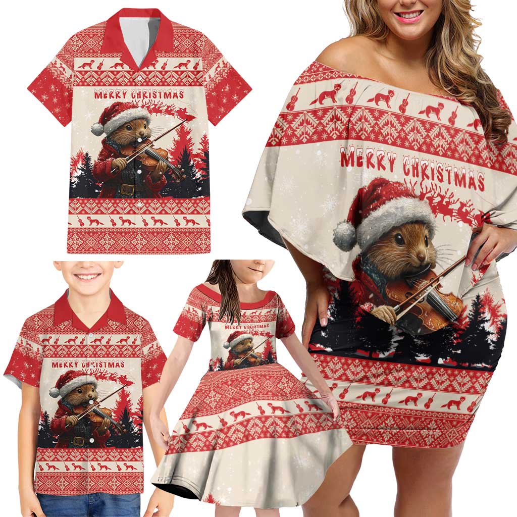 Croatia Christmas Family Matching Off Shoulder Short Dress and Hawaiian Shirt Pine Marten Playing Violin - Red Color - Wonder Print Shop