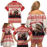 Croatia Christmas Family Matching Off Shoulder Short Dress and Hawaiian Shirt Pine Marten Playing Violin - Red Color - Wonder Print Shop