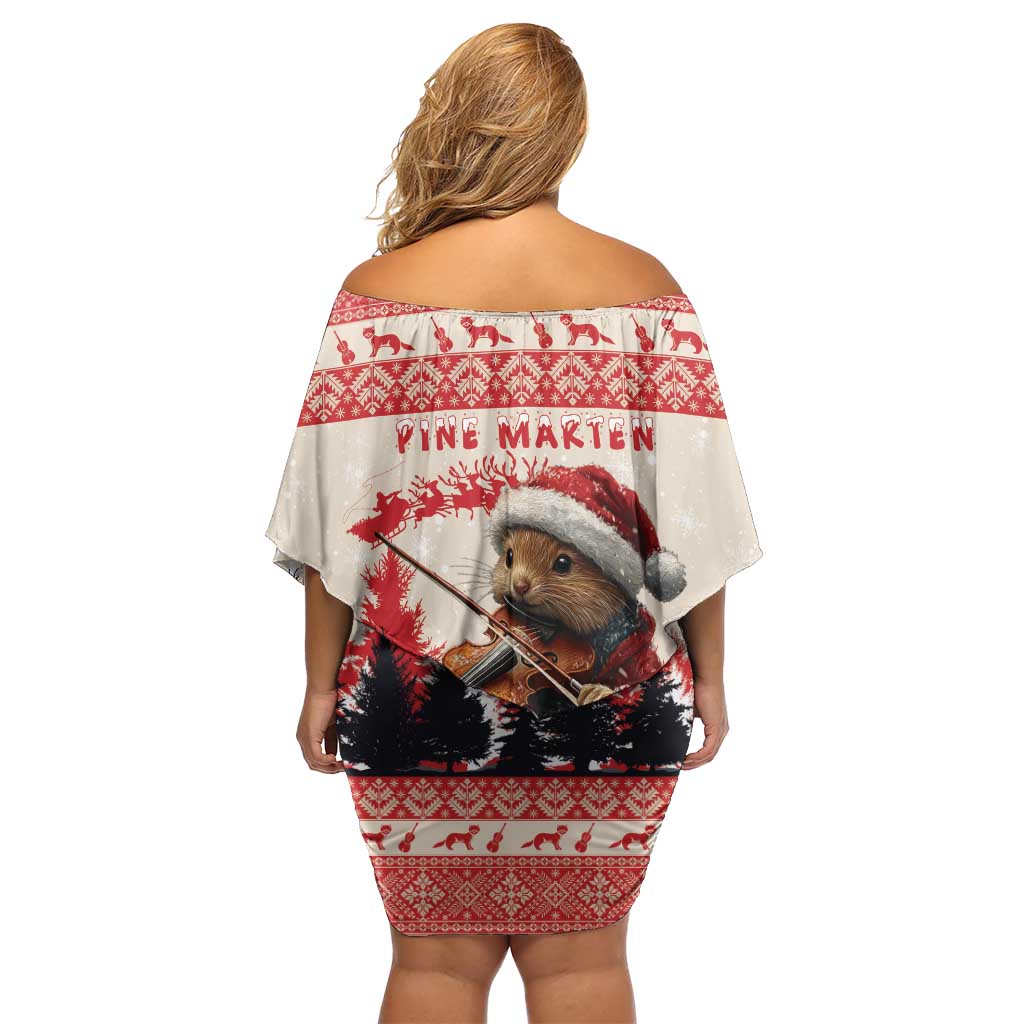Croatia Christmas Family Matching Off Shoulder Short Dress and Hawaiian Shirt Pine Marten Playing Violin - Red Color - Wonder Print Shop