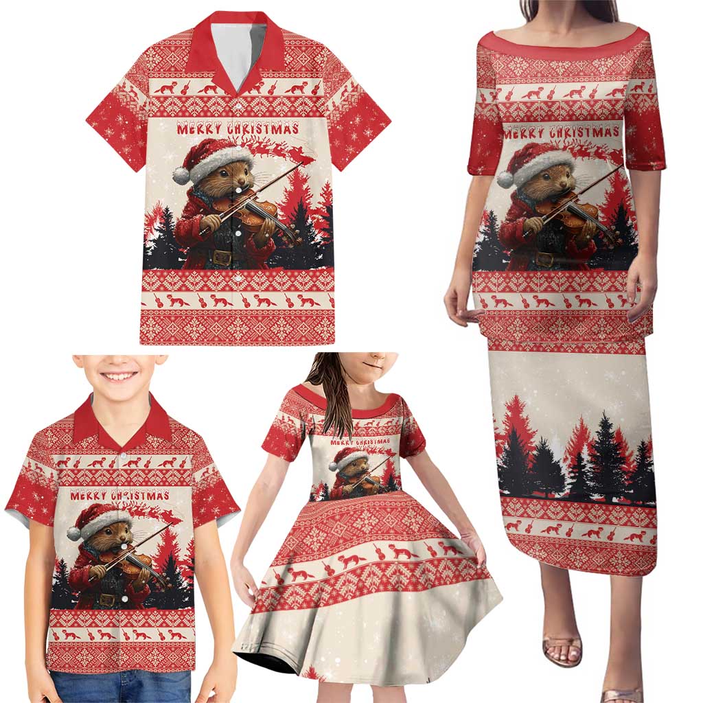 Croatia Christmas Family Matching Puletasi and Hawaiian Shirt Pine Marten Playing Violin - Red Color - Wonder Print Shop