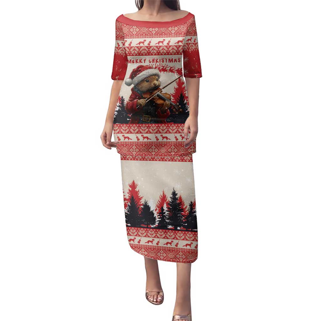 Croatia Christmas Family Matching Puletasi and Hawaiian Shirt Pine Marten Playing Violin - Red Color - Wonder Print Shop