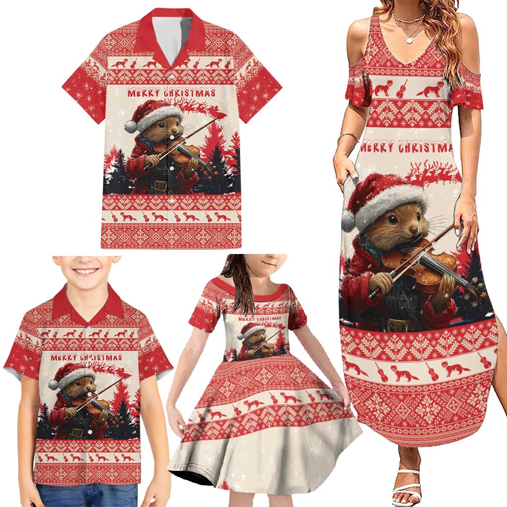 Croatia Christmas Family Matching Summer Maxi Dress and Hawaiian Shirt Pine Marten Playing Violin - Red Color - Wonder Print Shop