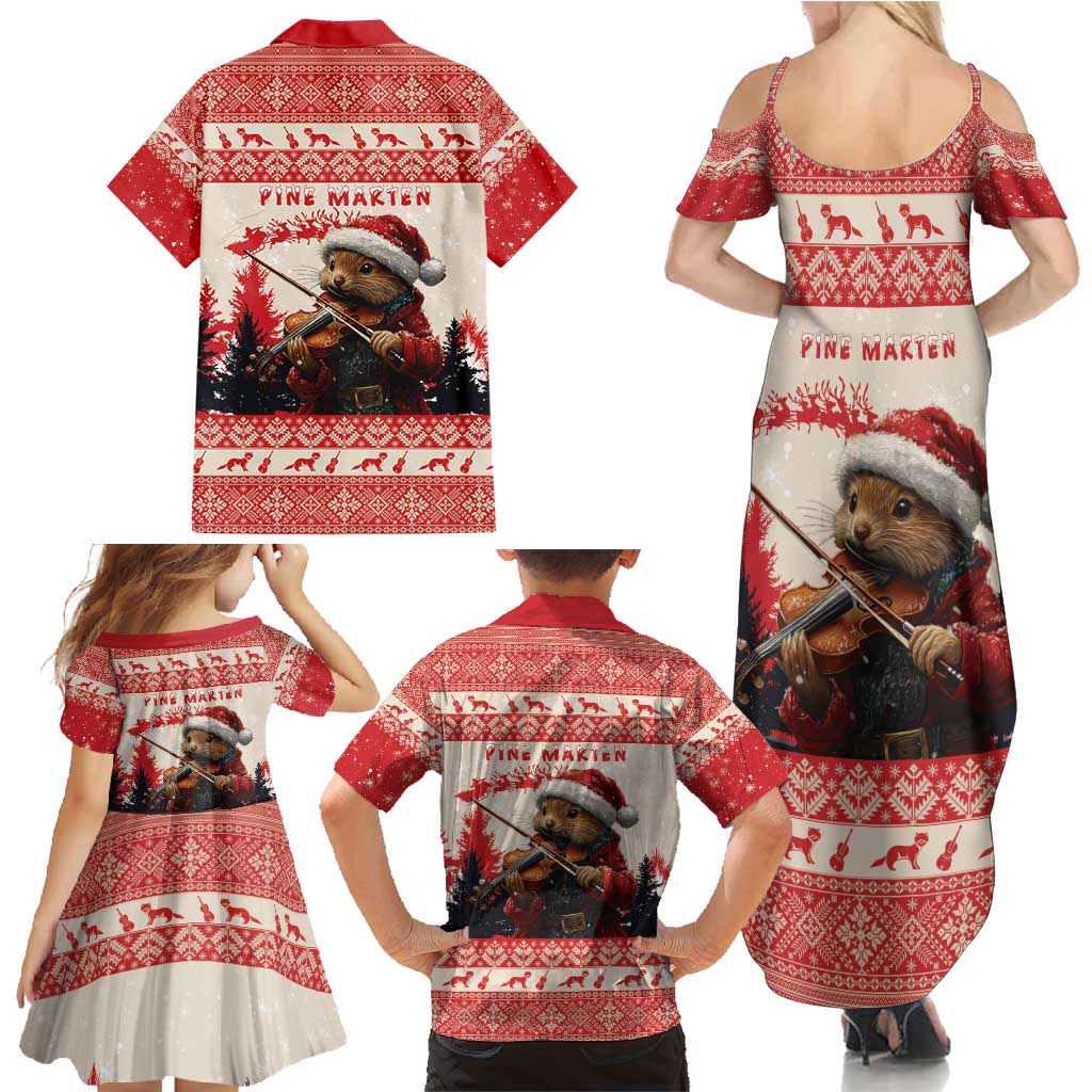 Croatia Christmas Family Matching Summer Maxi Dress and Hawaiian Shirt Pine Marten Playing Violin - Red Color - Wonder Print Shop