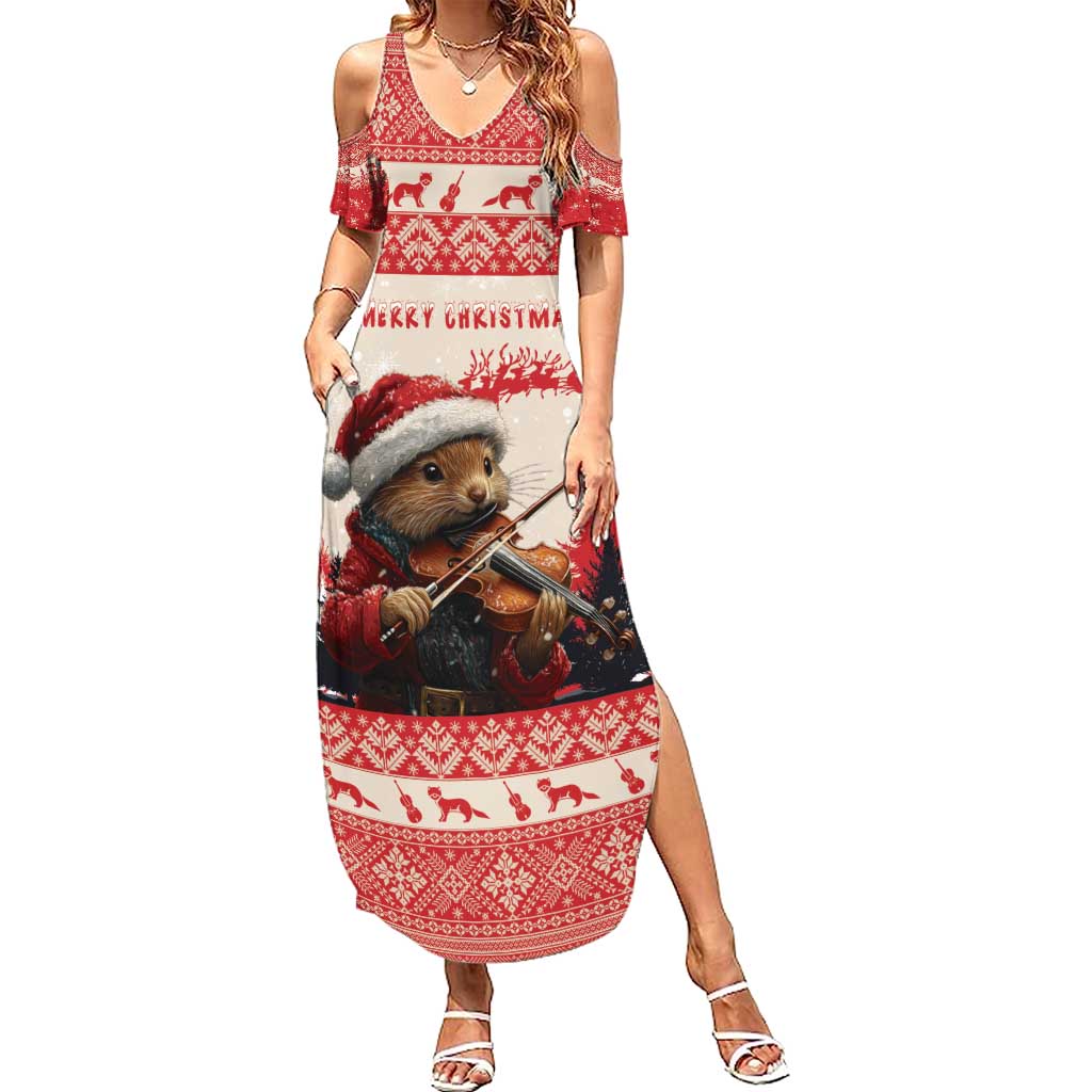Croatia Christmas Family Matching Summer Maxi Dress and Hawaiian Shirt Pine Marten Playing Violin - Red Color - Wonder Print Shop