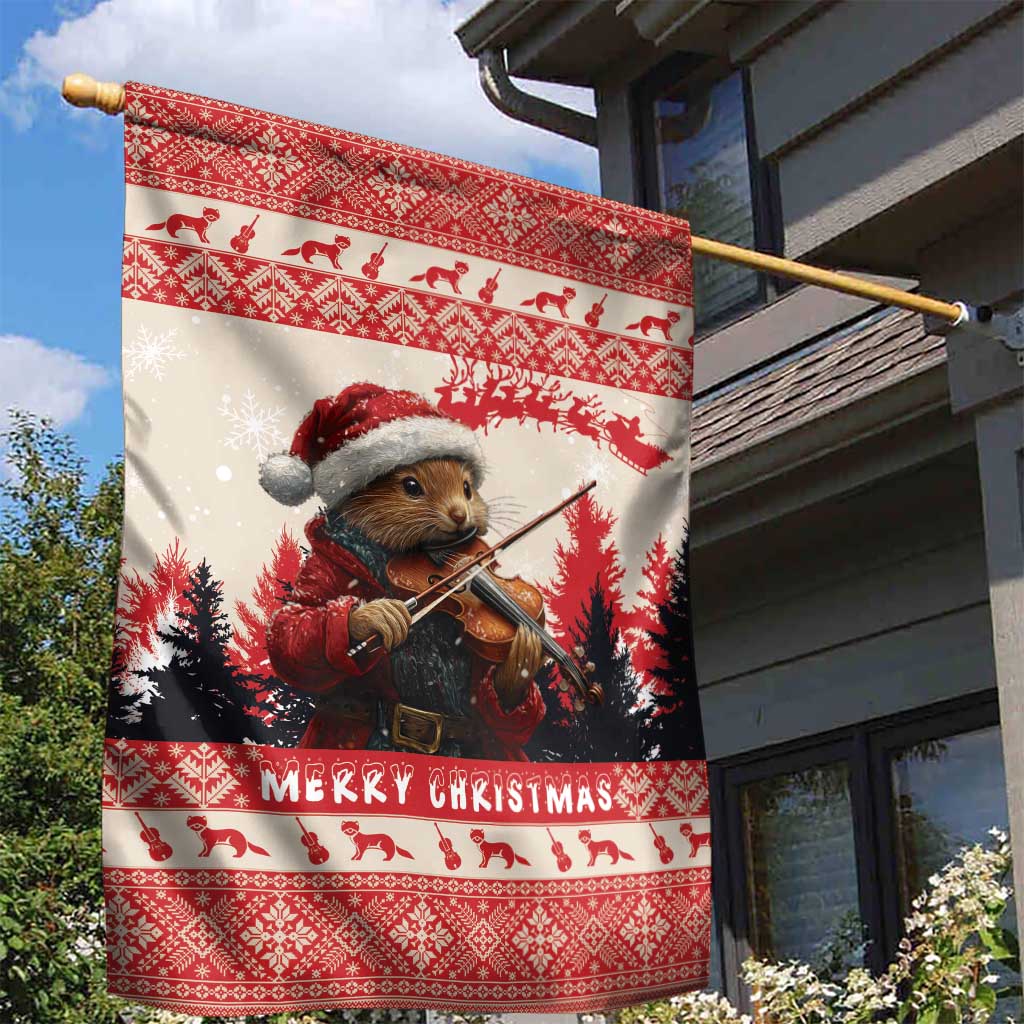 Croatia Christmas Garden Flag Pine Marten Playing Violin - Red Color - Wonder Print Shop