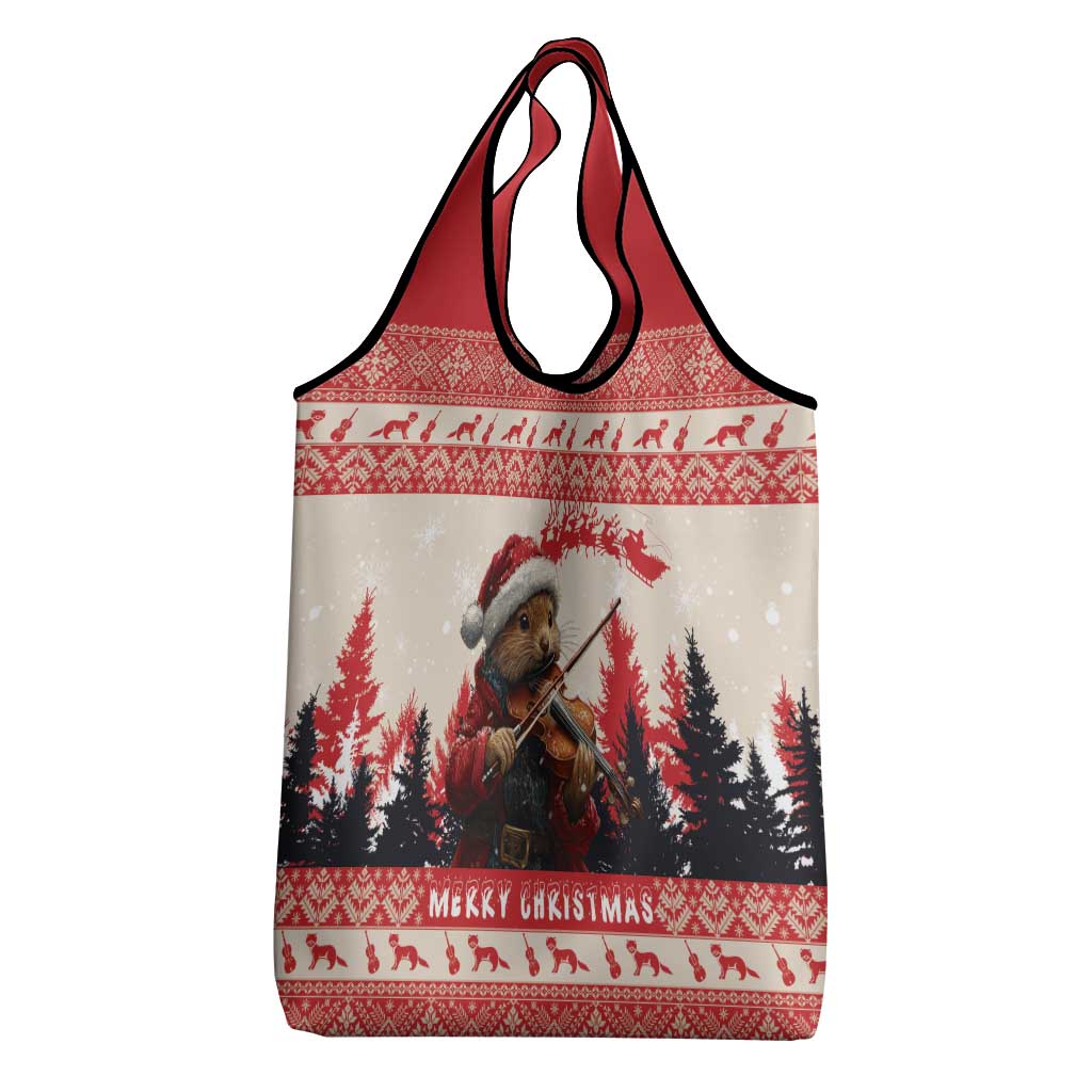Croatia Christmas Grocery Bag Pine Marten Playing Violin - Red Color