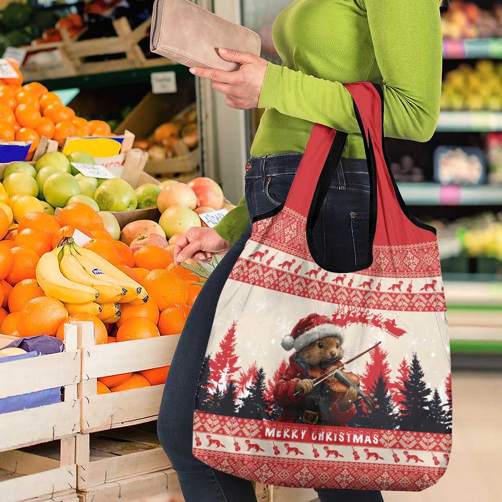 Croatia Christmas Grocery Bag Pine Marten Playing Violin - Red Color
