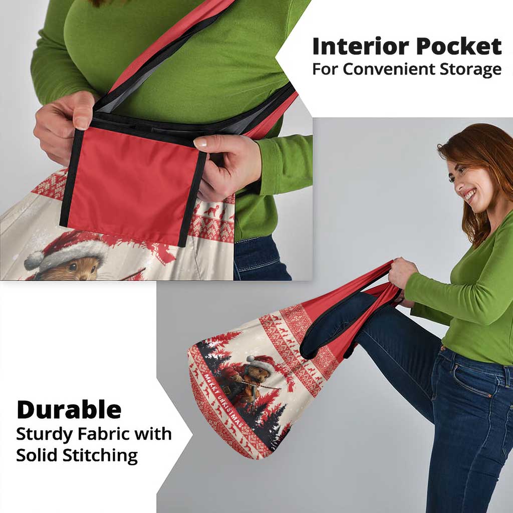 Croatia Christmas Grocery Bag Pine Marten Playing Violin - Red Color