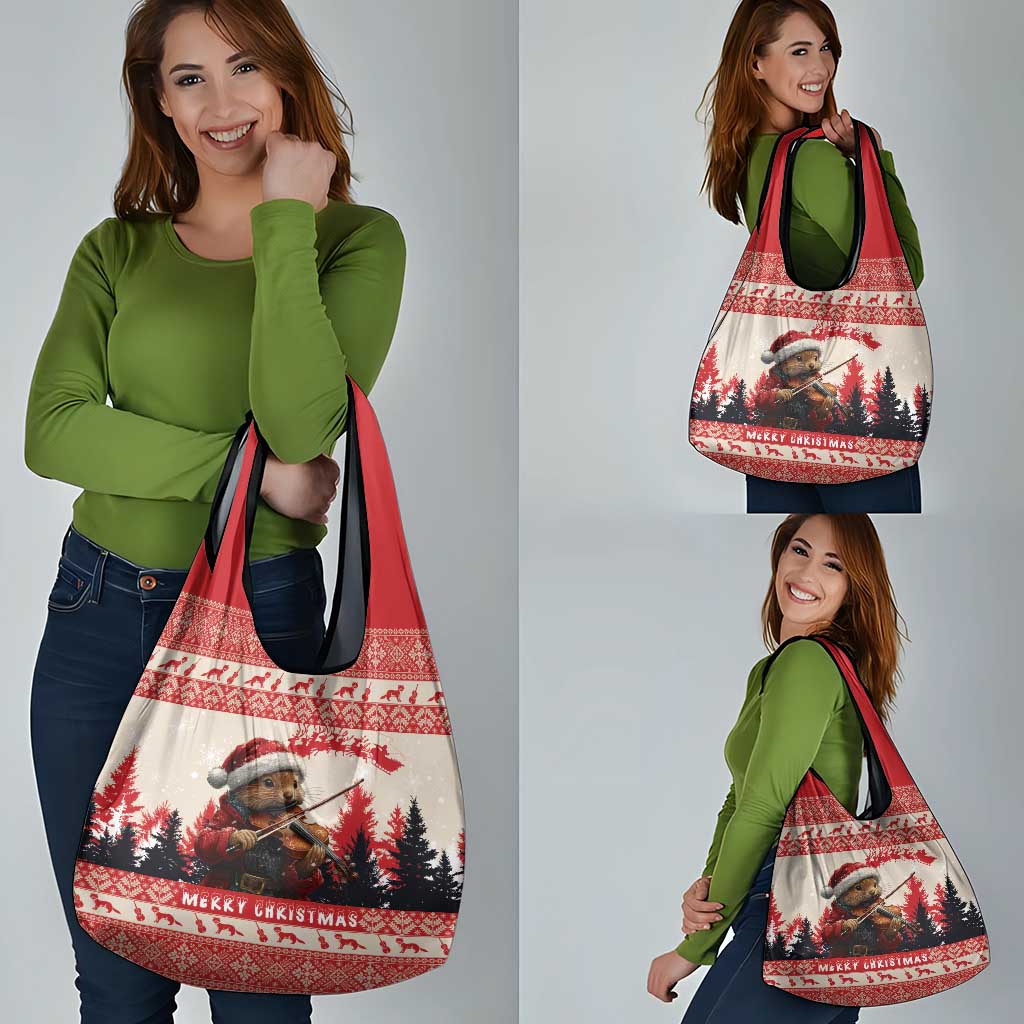 Croatia Christmas Grocery Bag Pine Marten Playing Violin - Red Color