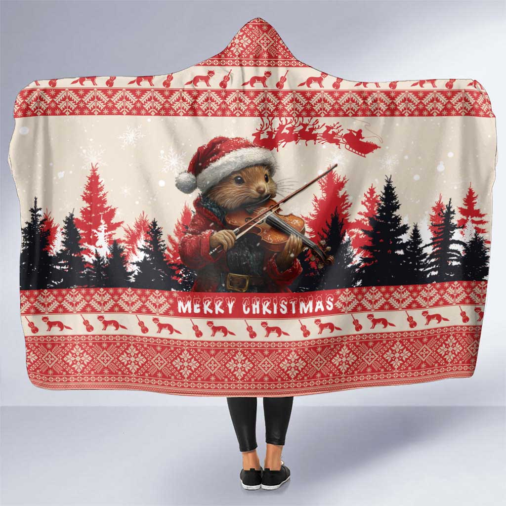 Croatia Christmas Hooded Blanket Pine Marten Playing Violin - Red Color