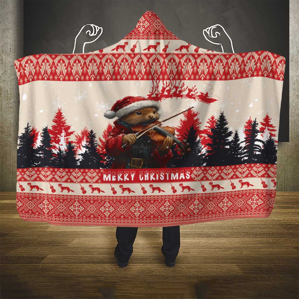 Croatia Christmas Hooded Blanket Pine Marten Playing Violin - Red Color