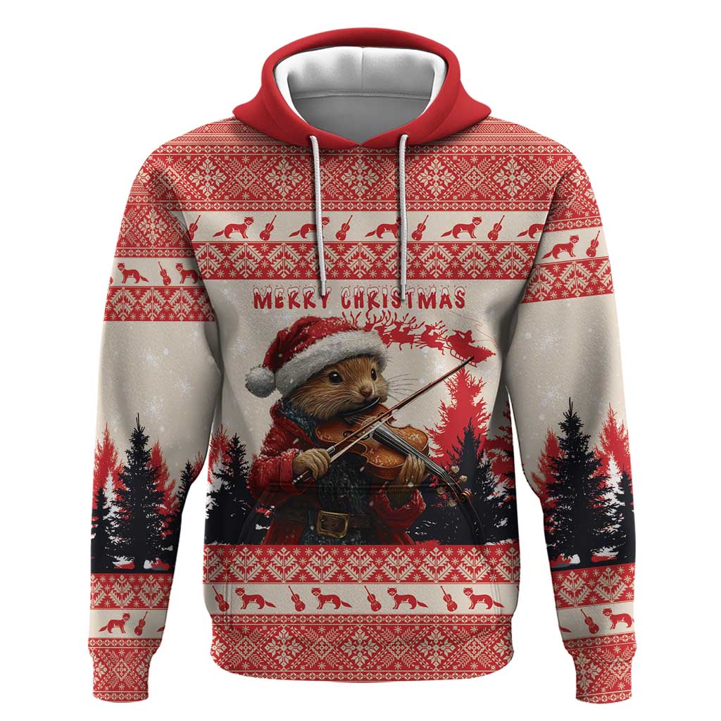 Croatia Christmas Hoodie Pine Marten Playing Violin - Red Color - Wonder Print Shop