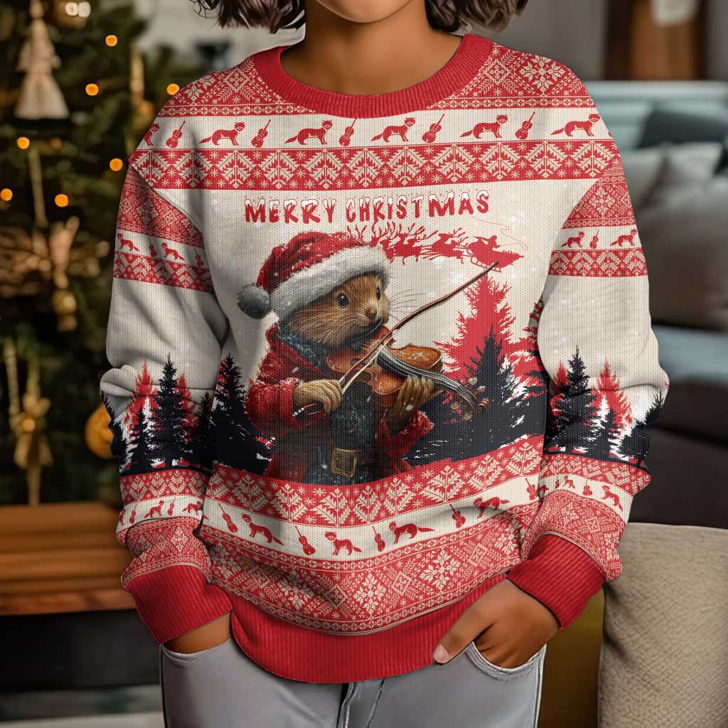 Croatia Christmas Kid Ugly Christmas Sweater Pine Marten Playing Violin - Red Color - Wonder Print Shop