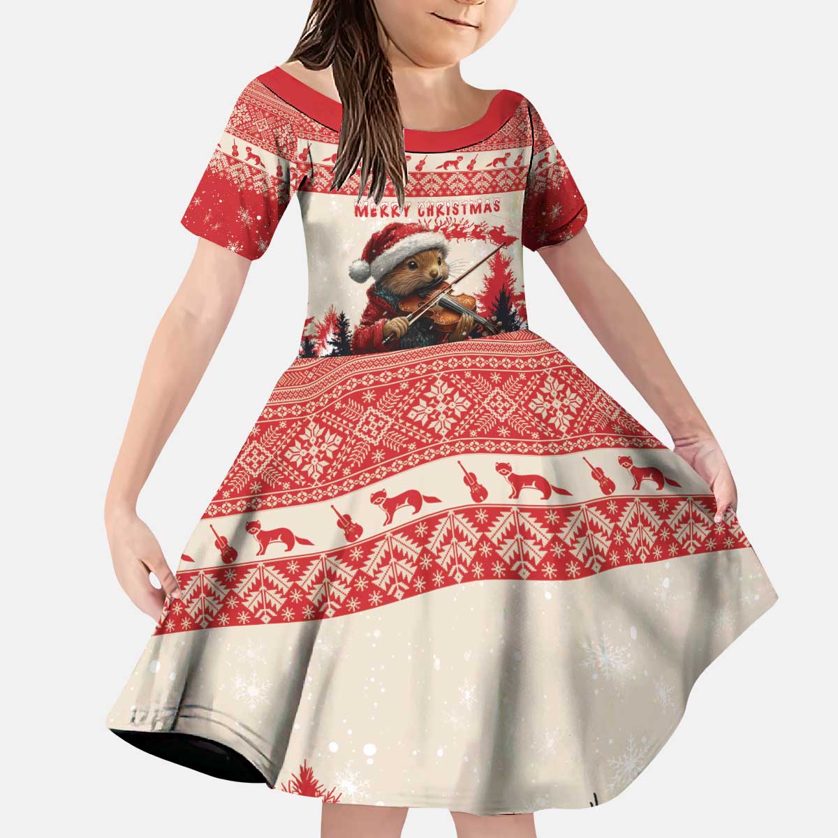 Croatia Christmas Kid Short Sleeve Dress Pine Marten Playing Violin - Red Color - Wonder Print Shop