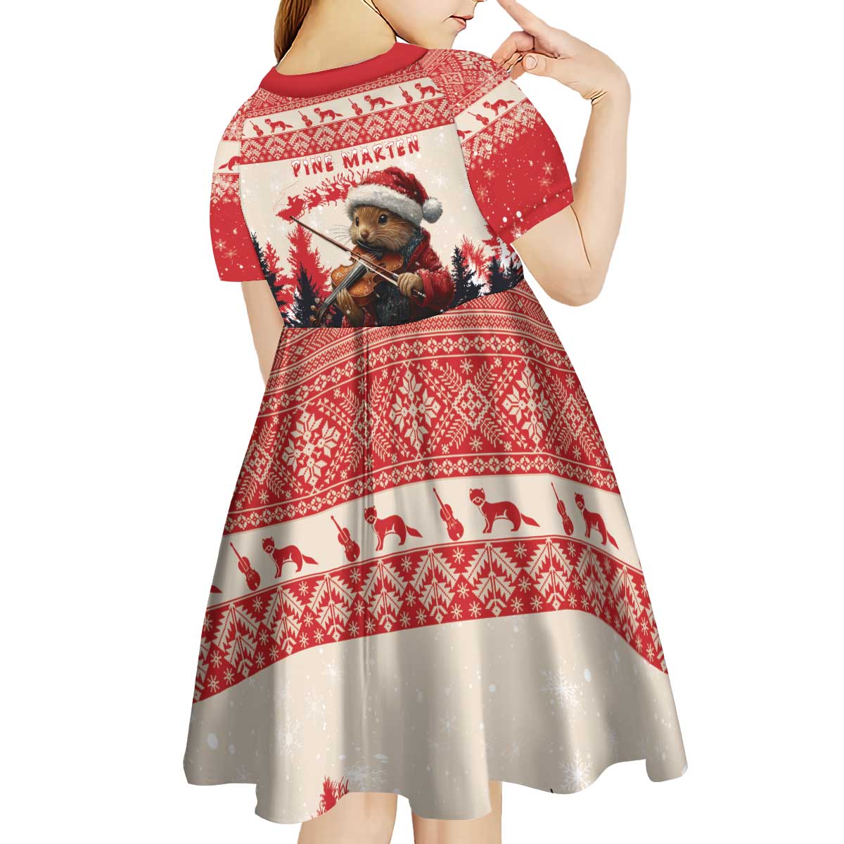 Croatia Christmas Kid Short Sleeve Dress Pine Marten Playing Violin - Red Color - Wonder Print Shop