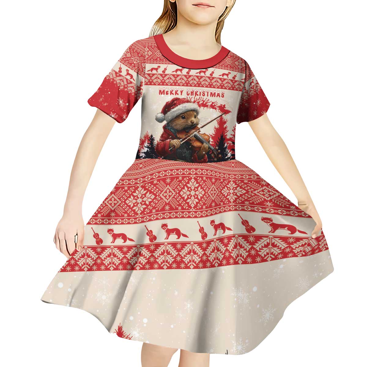 Croatia Christmas Kid Short Sleeve Dress Pine Marten Playing Violin - Red Color - Wonder Print Shop