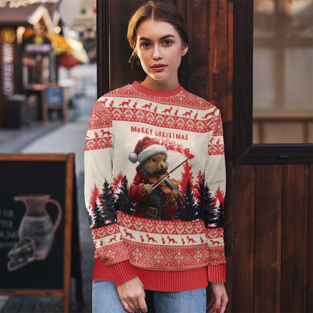Croatia Christmas Ugly Christmas Sweater Pine Marten Playing Violin - Red Color - Wonder Print Shop