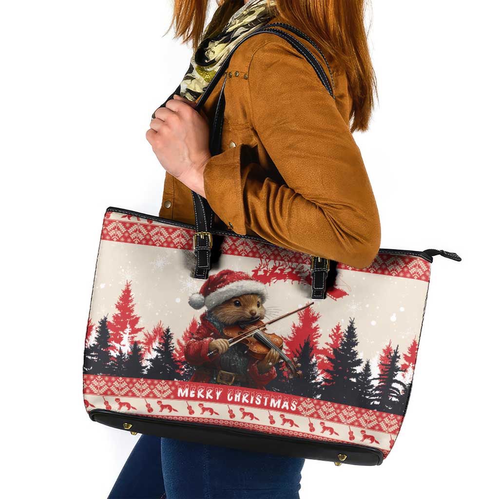 Croatia Christmas Leather Tote Bag Pine Marten Playing Violin - Red Color - Wonder Print Shop