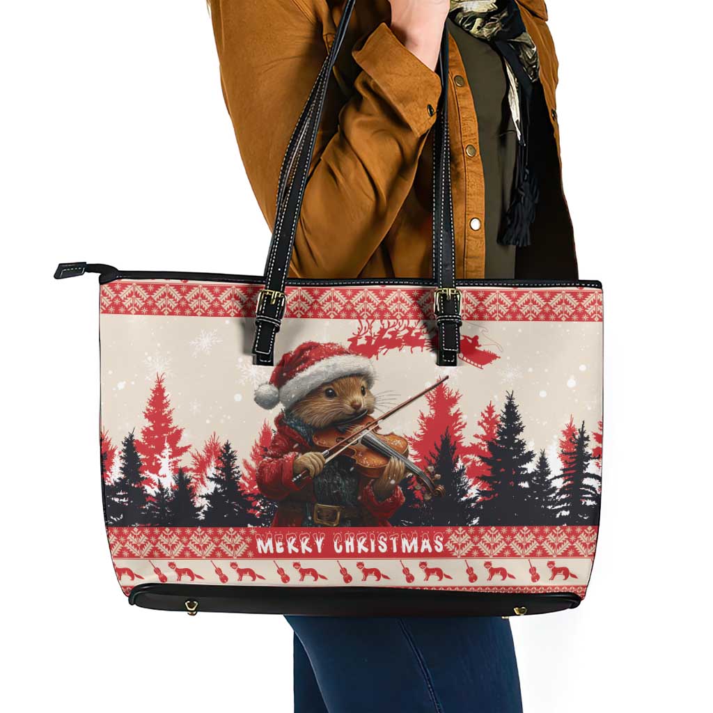 Croatia Christmas Leather Tote Bag Pine Marten Playing Violin - Red Color - Wonder Print Shop