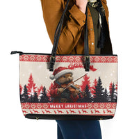 Croatia Christmas Leather Tote Bag Pine Marten Playing Violin - Red Color - Wonder Print Shop