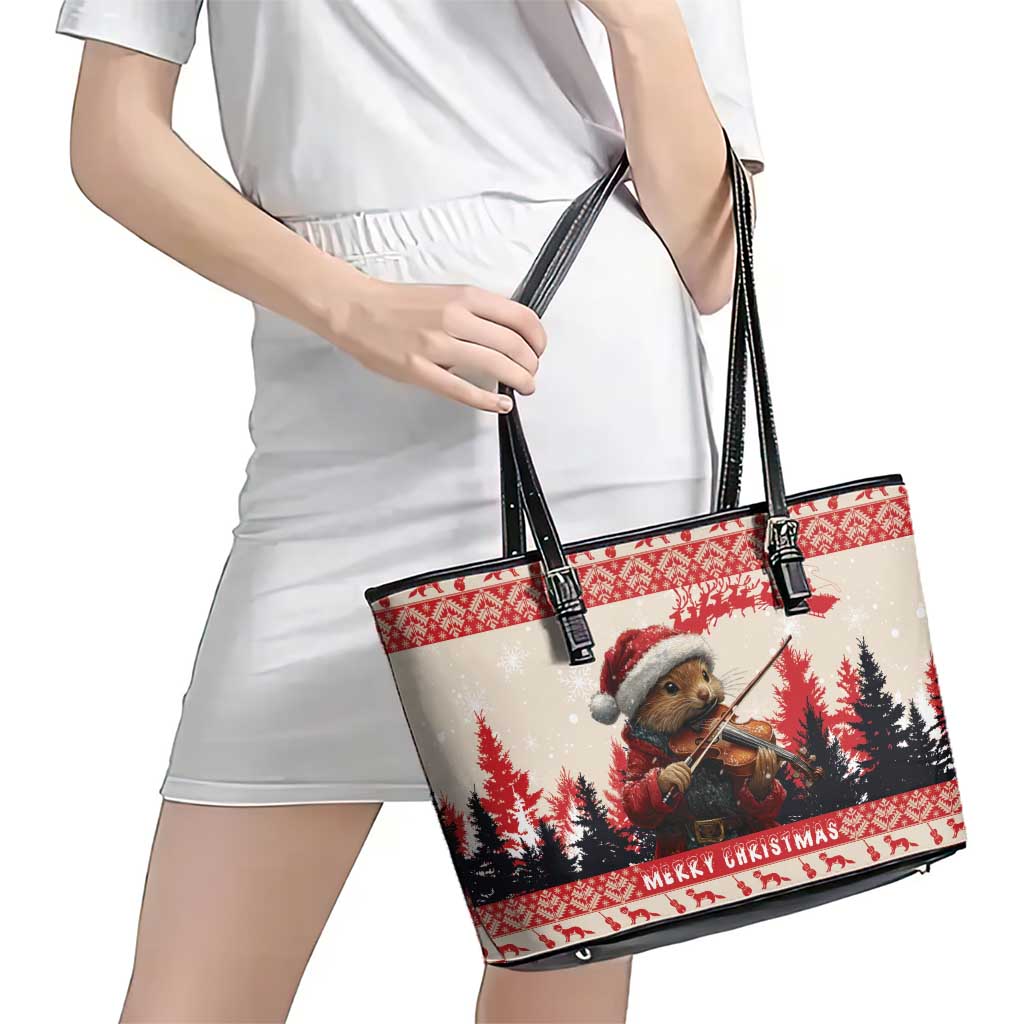 Croatia Christmas Leather Tote Bag Pine Marten Playing Violin - Red Color - Wonder Print Shop
