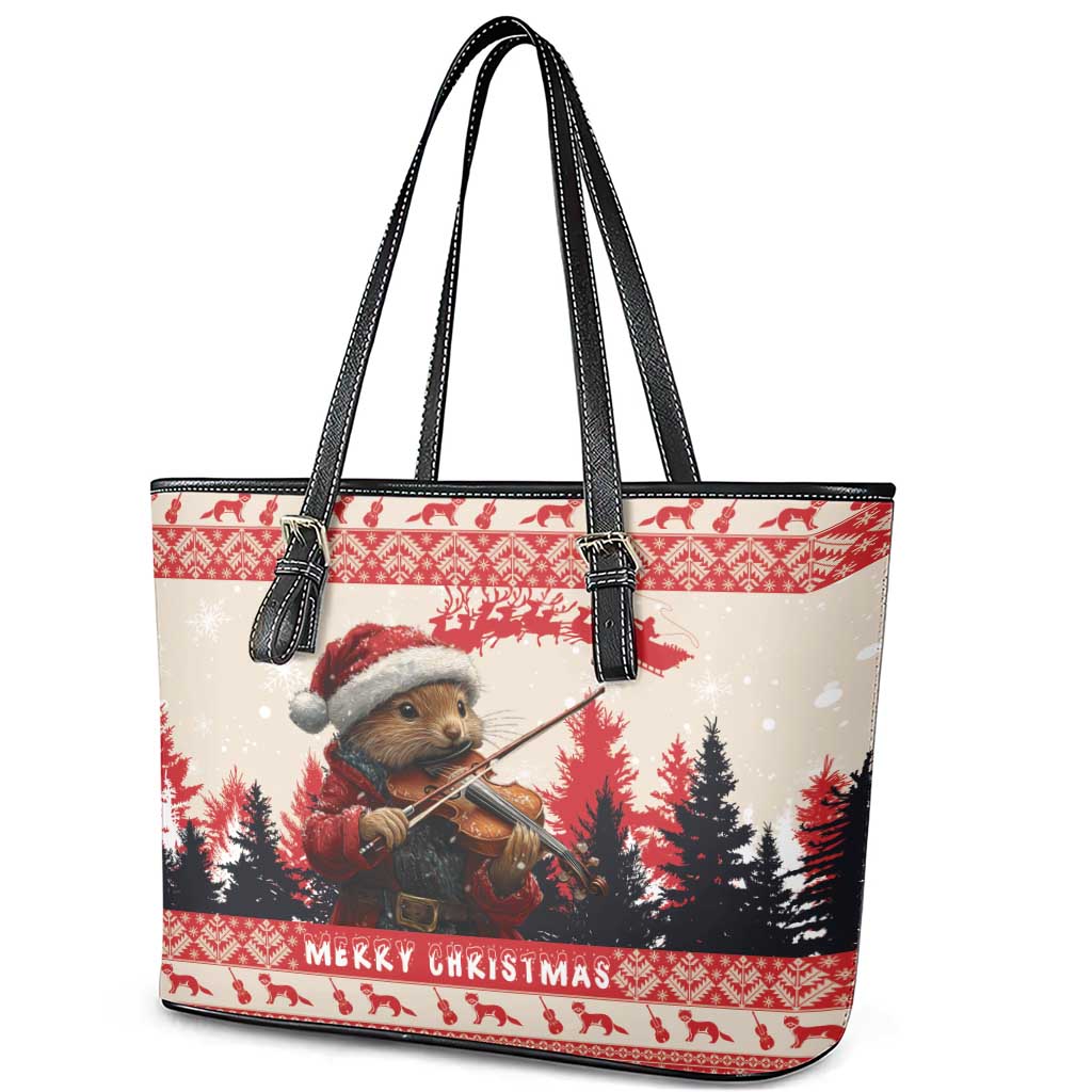 Croatia Christmas Leather Tote Bag Pine Marten Playing Violin - Red Color - Wonder Print Shop