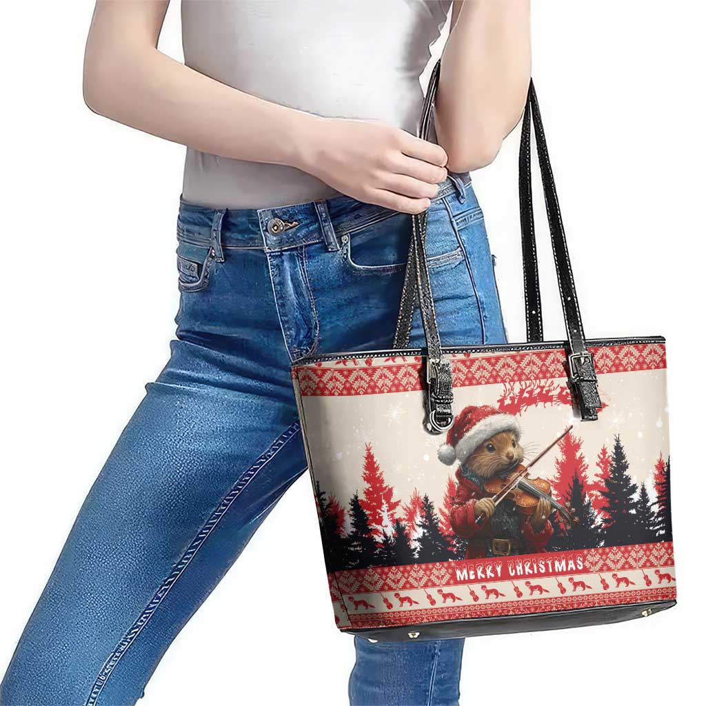 Croatia Christmas Leather Tote Bag Pine Marten Playing Violin - Red Color - Wonder Print Shop